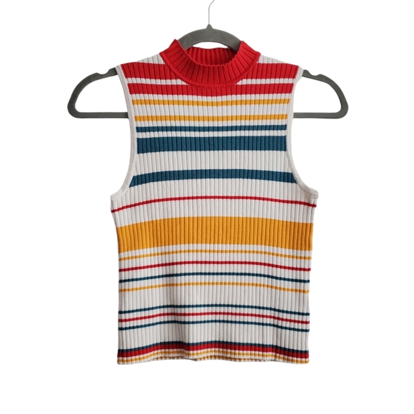 Forever 21 Tops - Forever 21 Ribbed Knit Mock Neck 70s Stripe Retro Sleeveless Sweater Tank Top